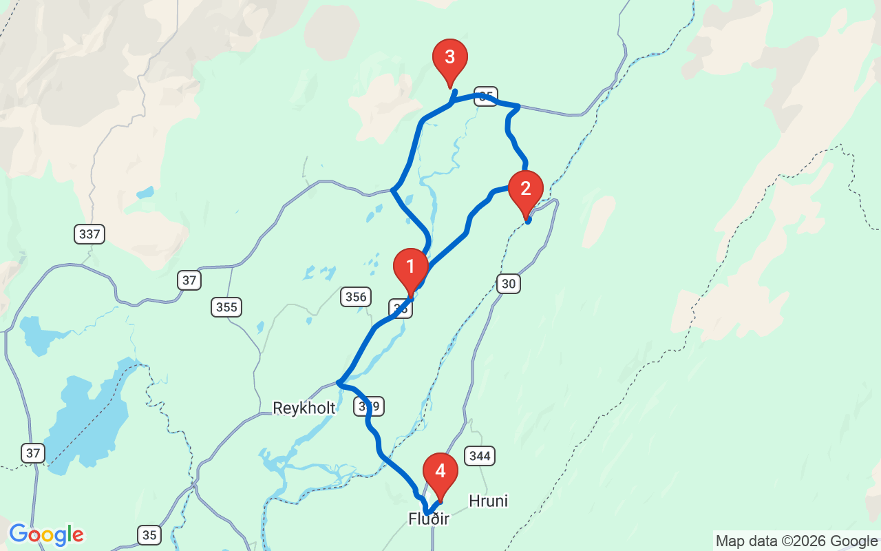 Driving map — Day 1 — The Golden Circle: Faxi, Geysir, Brúarhlöð & the Secret Lagoon